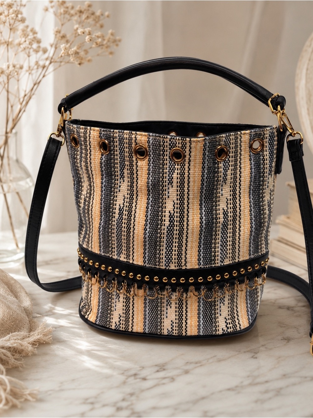 Sondra Roberts Squared Woven Bucket Bag with Studs and Grommets